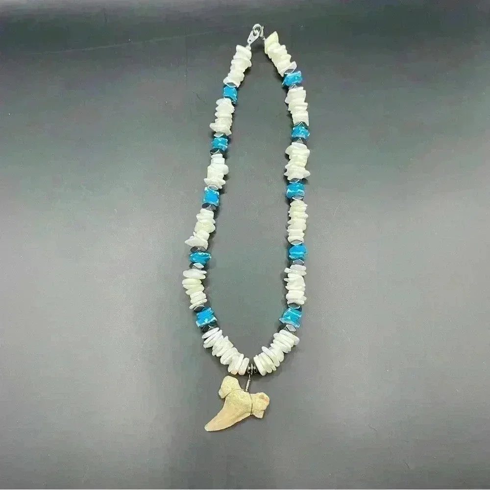 VGT White & Neon Blue Chip Shell Beads Necklace Shark Tooth Pendant